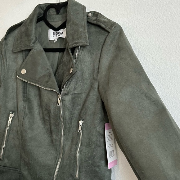 BB Dakota by Steve Madden Army Green Faux Vegan Suede Moto Jacket Size S - Picture 3 of 12